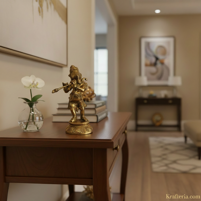 Lord Ganesha flute idol in brass, perfect for home altar and gifting.