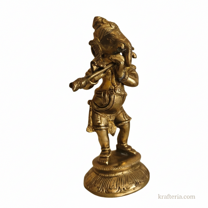 Lord Ganesha flute idol in brass for home decor, a religious brass idol.