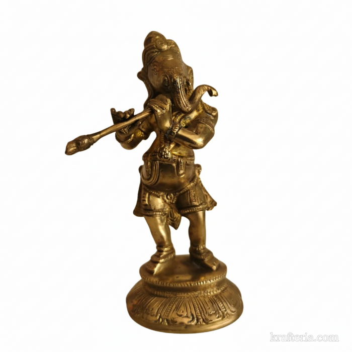 Brass lord ganesha flute idol for altar, home decor, and gifting.