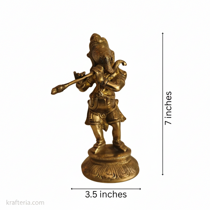 Lord Ganesha flute idol in brass, suitable for home decor and gifting.