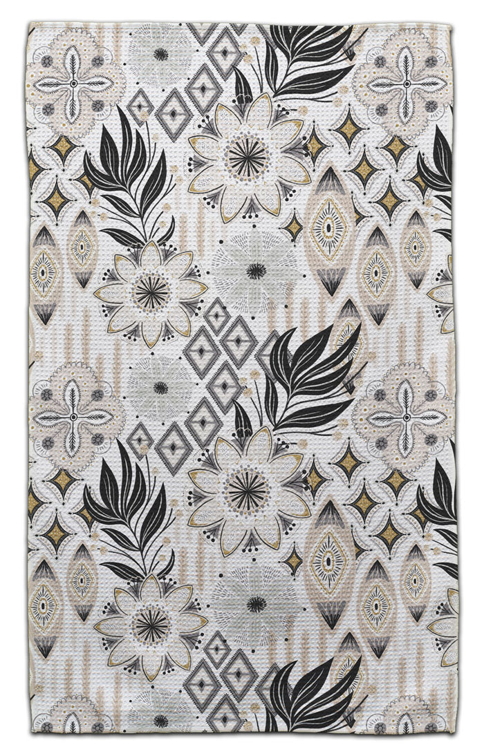 Modern geometric and botanical eco-friendly waffle weave kitchen towel in black, gray, cream, and gold