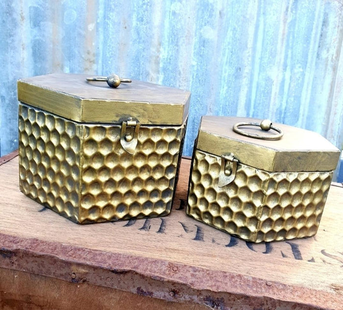 GOLD METAL HONEYCOMB TRINKET BOXES