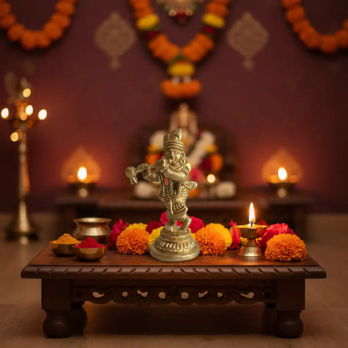 Golden brass Lord Krishna idol playing flute, a beautiful brass Murti.