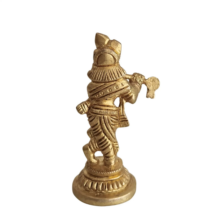 Golden Brass Lord Krishna Idol, flute player Krishna Murti, detailed brass ware.
