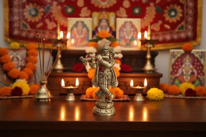 Golden Brass Lord Krishna Idol Flute Player (Krishna Murti)   Brass Ware