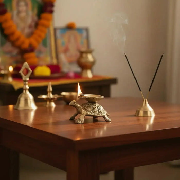 Golden Brass Tortoise Diya (Oil Lamp) - Kurma Vastu Accent   Brass Ware