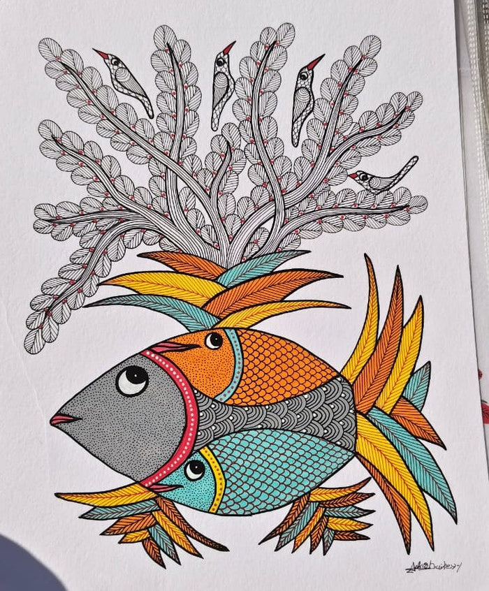 Gond Art Fish & Tree Painting – Traditional Indian Folk Artwork   Paintings
