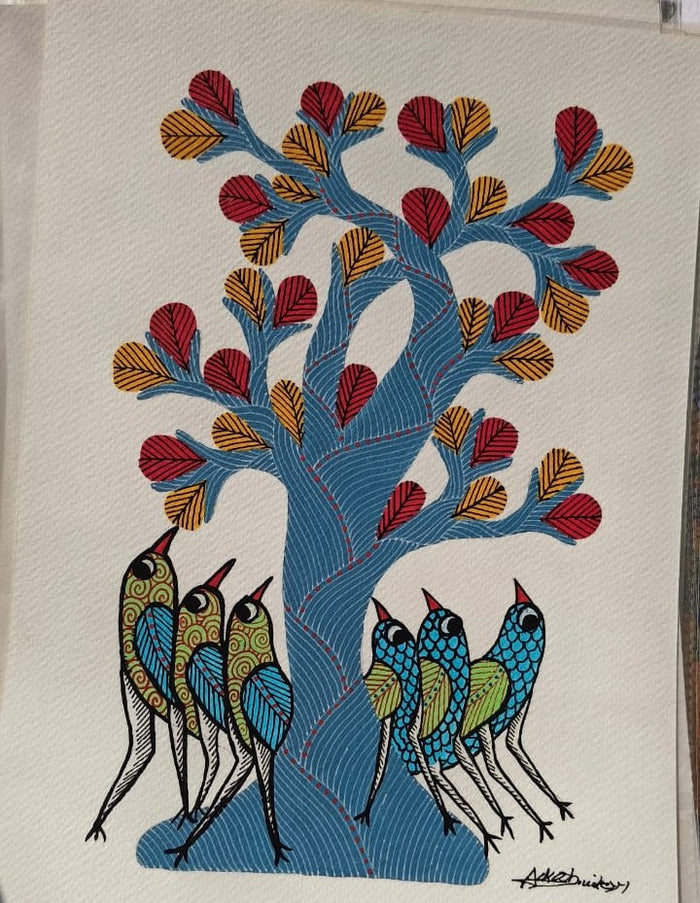 Gond Art Painting of Birds Under Tree of Life   Paintings