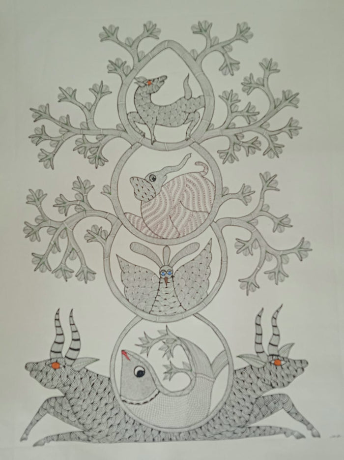Gond Art Painting of Deer, Fish, Butterfly & Bird in Nature   Paintings