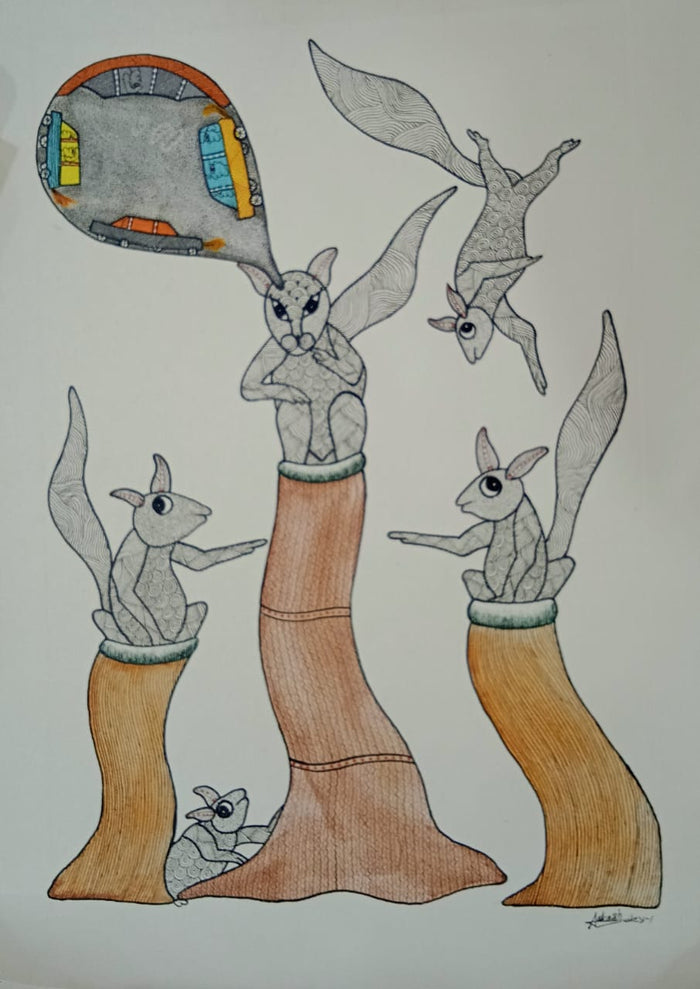 Gond Art Painting of Squirrels on Tree with Storytelling Motif   Paintings