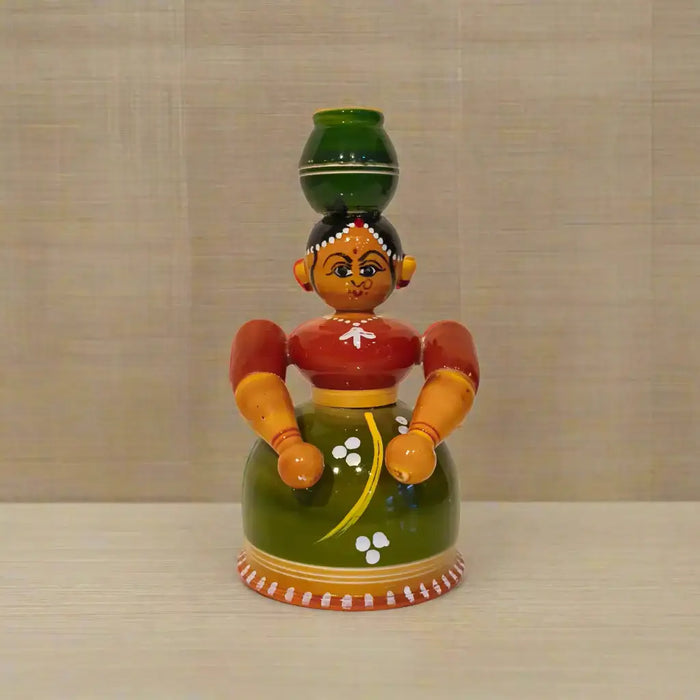 Graceful Water Carrier - Handcrafted Etikoppaka Wooden Village Woman with Pot   Etikoppaka Lacquerware