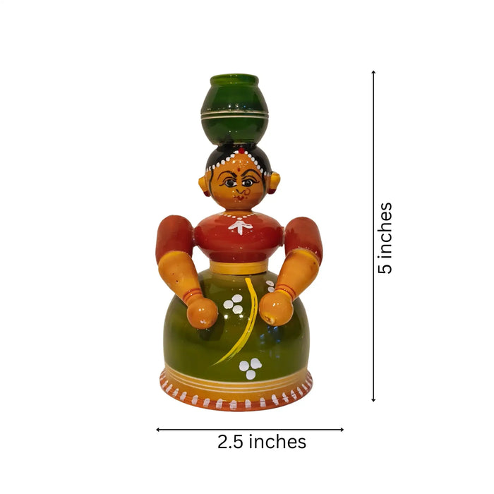 Graceful Water Carrier - Handcrafted Etikoppaka Wooden Village Woman with Pot   Etikoppaka Lacquerware