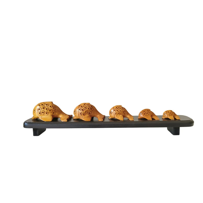 Graduated Set of Five Hand-Carved Wooden Fish Figures on Display Stand   Wood Decorative