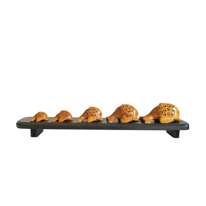 Graduated Set of Five Hand-Carved Wooden Fish Figures on Display Stand   Wood Decorative