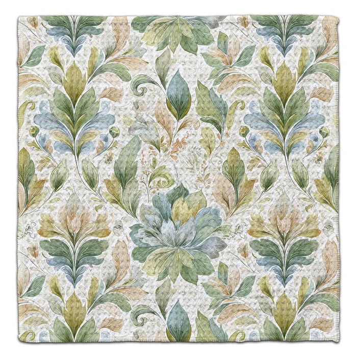 Green and gold succulent eco-friendly washcloth featuring watercolor botanical leaf and floral design