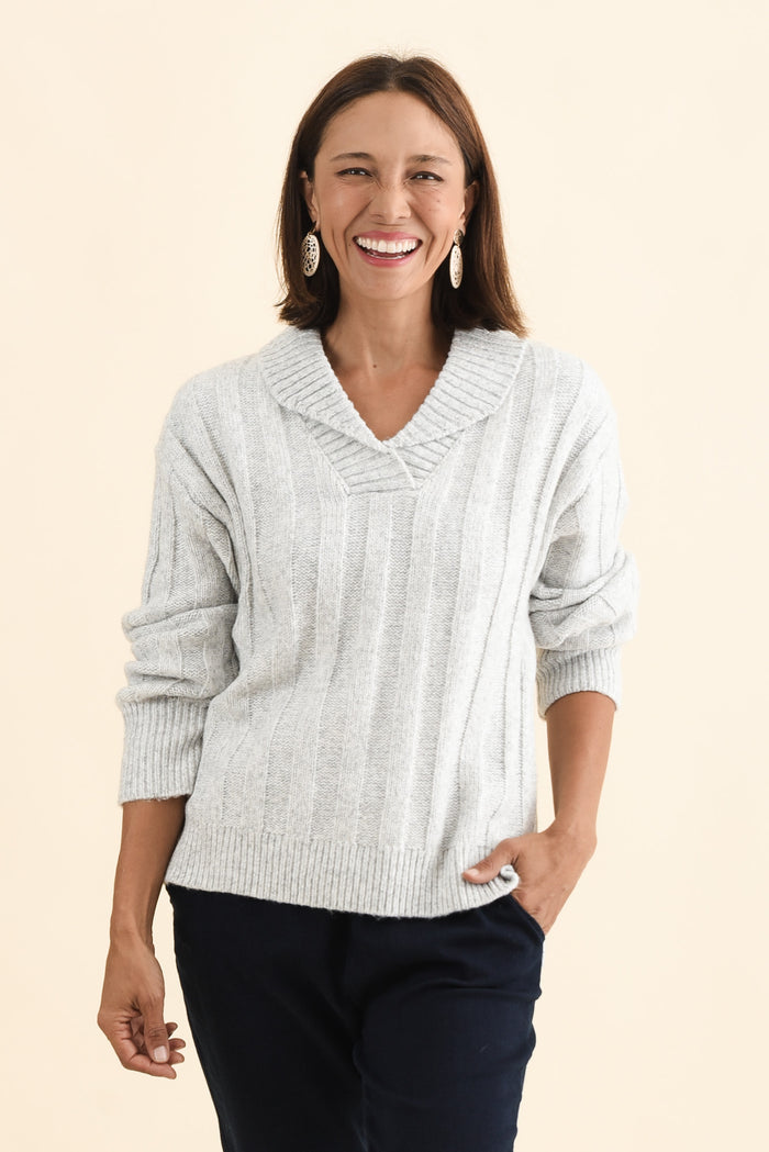Guy Grey Collared Knit Jumper,Brunette model,alt text|model:Cara