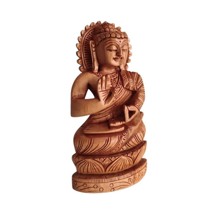 Hand-Carved Wooden Buddha Statue in Vitarka Mudra on Lotus Base   Wood Decorative