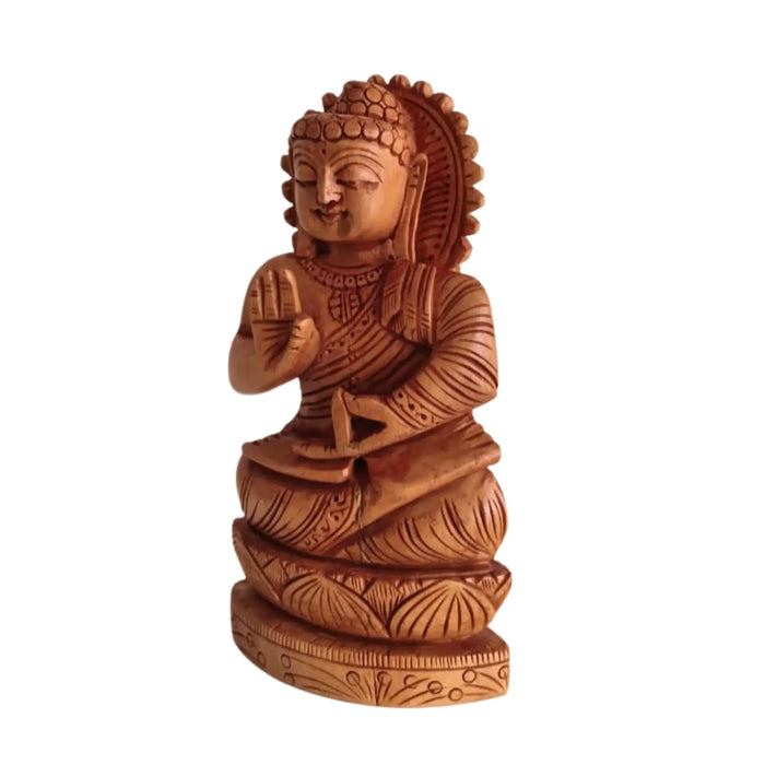 Hand-Carved Wooden Buddha Statue in Vitarka Mudra on Lotus Base   Wood Decorative