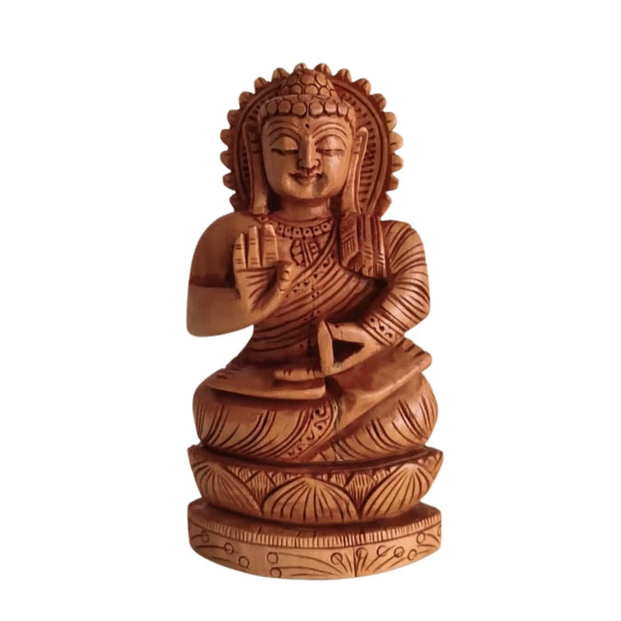 Hand-Carved Wooden Buddha Statue in Vitarka Mudra on Lotus Base   Wood Decorative