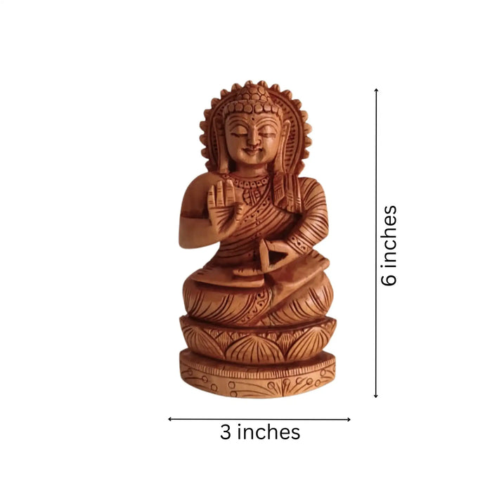 Hand-Carved Wooden Buddha Statue in Vitarka Mudra on Lotus Base   Wood Decorative