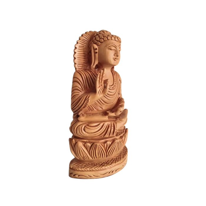 Hand-Carved Wooden Buddha Statue in Vitarka Mudra on Lotus Base   Wood Decorative