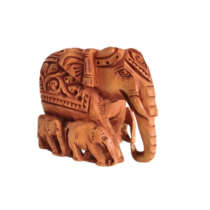 Hand-Carved Wooden Elephant Family with Intricate Details   Wood Decorative
