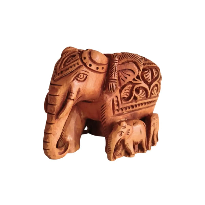 Hand-Carved Wooden Elephant Family with Intricate Details   Wood Decorative