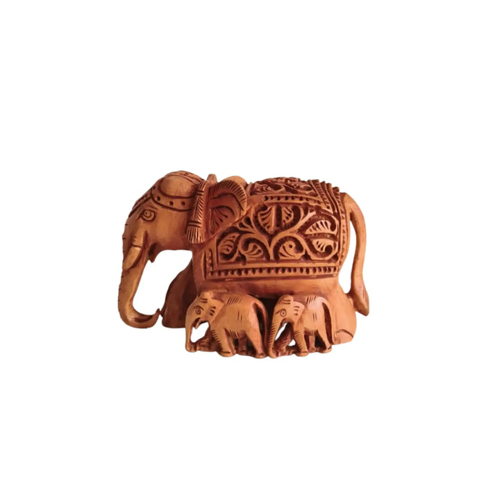 Hand-Carved Wooden Elephant Family with Intricate Details   Wood Decorative