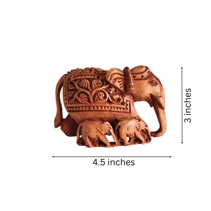 Hand-Carved Wooden Elephant Family with Intricate Details   Wood Decorative