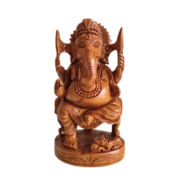 Hand-Carved Wooden Ganesha Statue on Throne   Wood Decorative