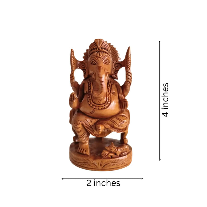 Hand-Carved Wooden Ganesha Statue on Throne   Wood Decorative