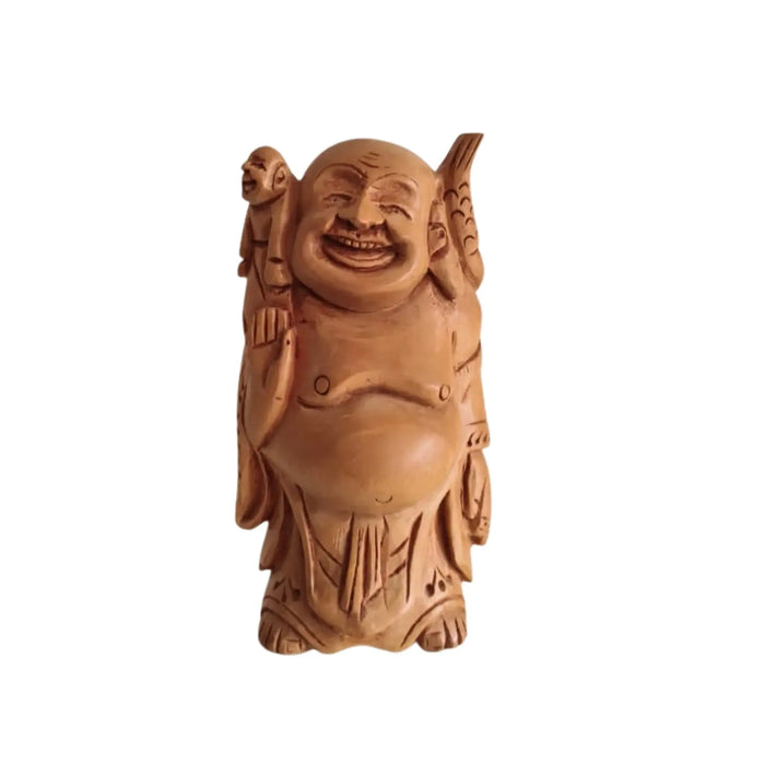 Hand-Carved Wooden Laughing Buddha with Child and Fish   Wood Decorative