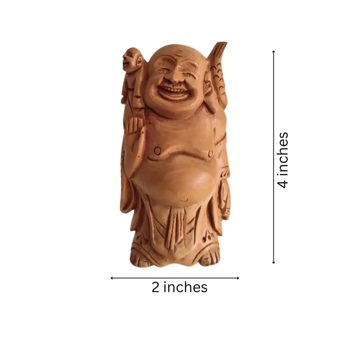 Hand-Carved Wooden Laughing Buddha with Child and Fish   Wood Decorative
