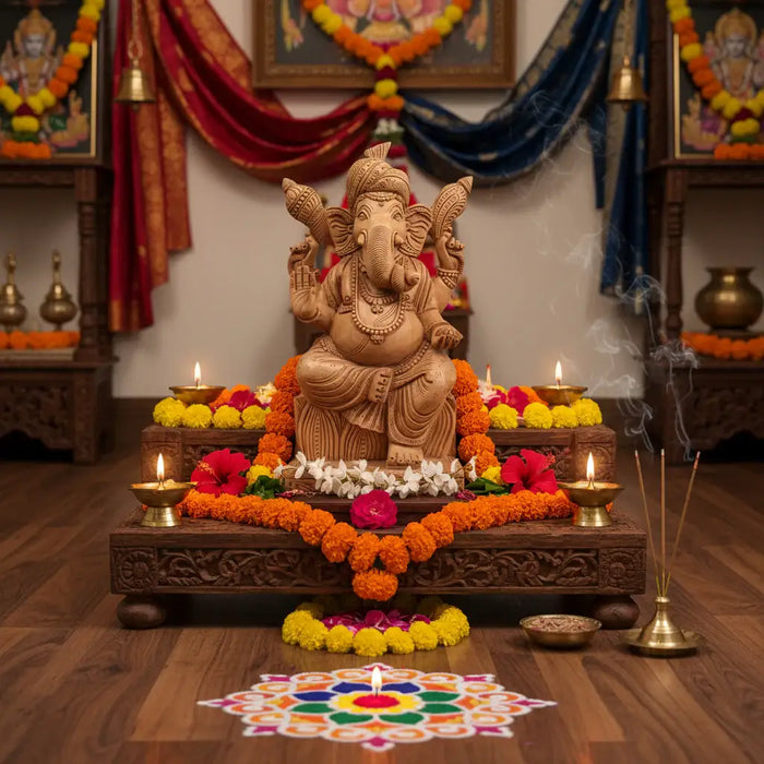 Hand-Carved Wooden Lord Ganesha Statue for Prosperity & Wisdom   Wood Decorative