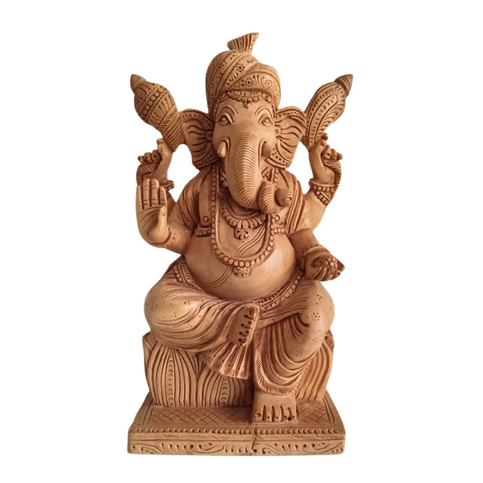 Hand-Carved Wooden Lord Ganesha Statue for Prosperity & Wisdom   Wood Decorative