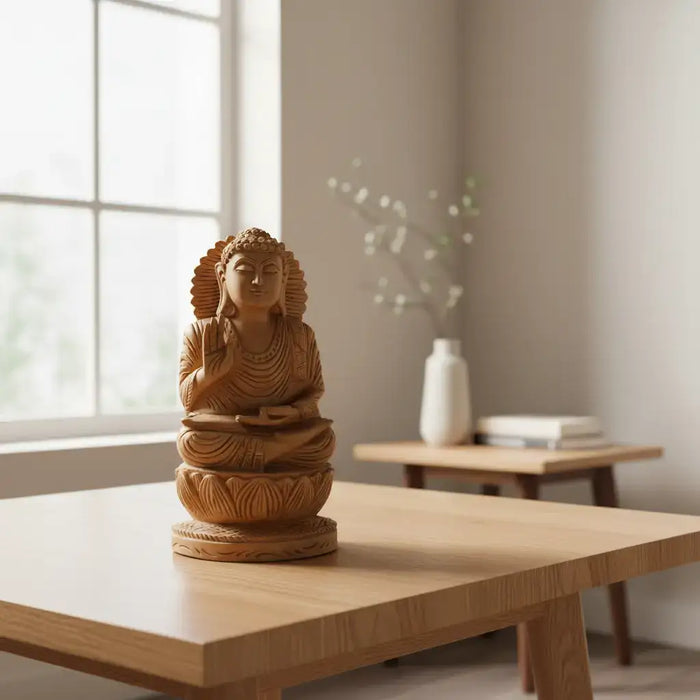 Hand-Carved Wooden Lotus Sitting Buddha – Spiritual Home Decor maruthi handicrafts