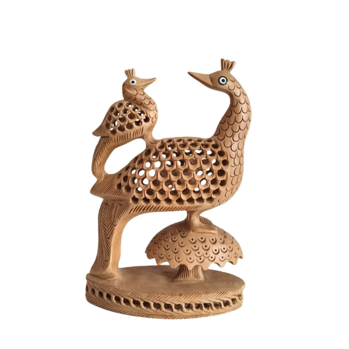 Hand-Carved Wooden Peacock Pair with Filigree Detail   Wood Decorative
