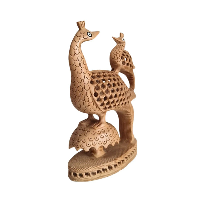 Hand-Carved Wooden Peacock Pair with Filigree Detail   Wood Decorative