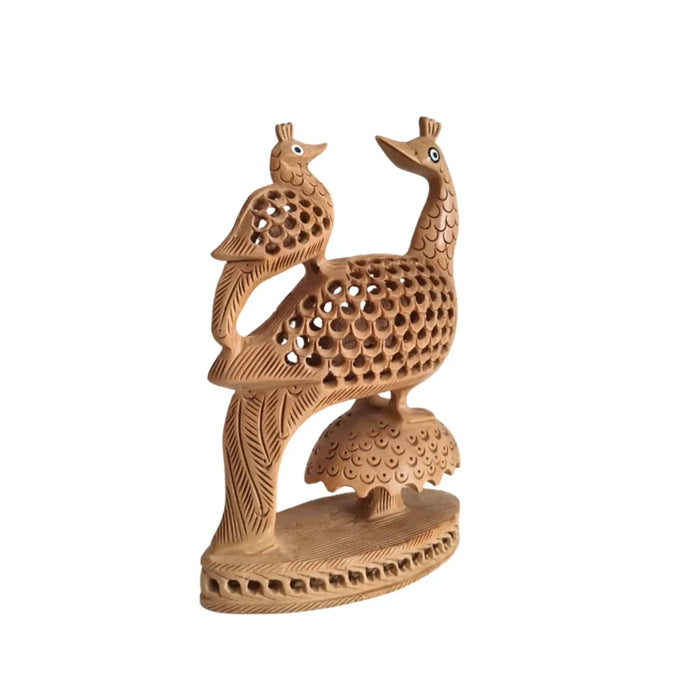 Hand-Carved Wooden Peacock Pair with Filigree Detail   Wood Decorative