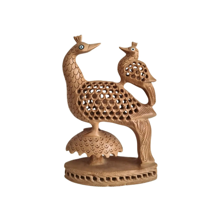 Hand-Carved Wooden Peacock Pair with Filigree Detail   Wood Decorative