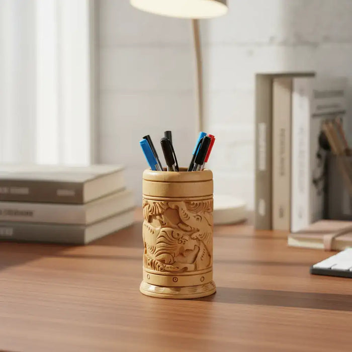 Hand-Carved Wooden Pen Stand – Elegant Desk Organizer   Accessories
