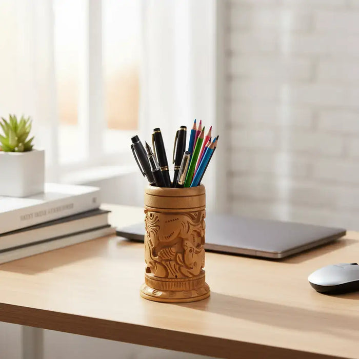 Hand-Carved Wooden Pen Stand – Elegant Desk Organizer   Accessories