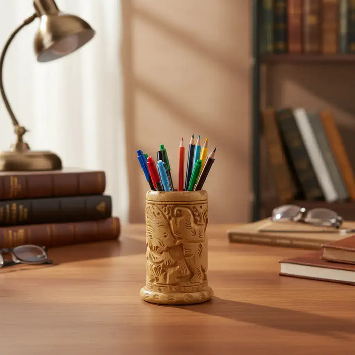 Hand-Carved Wooden Pen Stand – Elegant Desk Organizer   Accessories