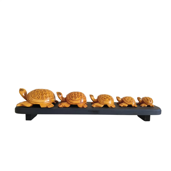 Hand-Carved Wooden Turtle Family Sculpture on Display Base   Wood Decorative