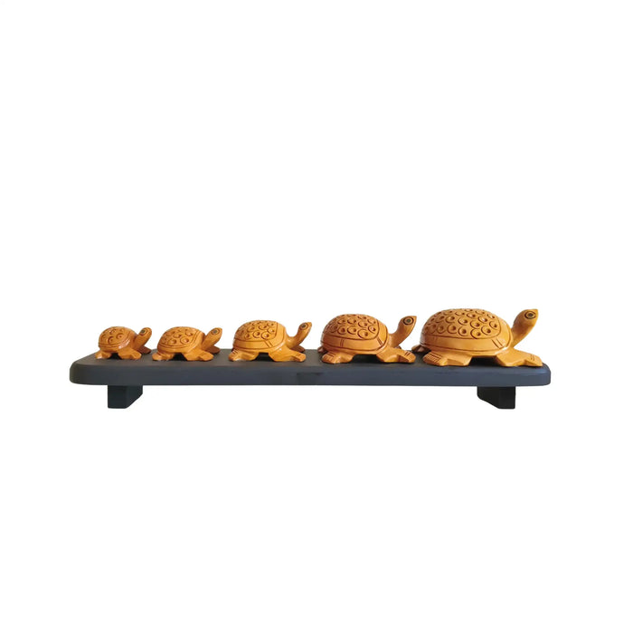 Hand-Carved Wooden Turtle Family Sculpture on Display Base   Wood Decorative