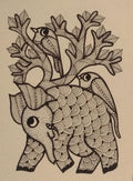 Hand-Drawn Elephant & Birds Nature Illustration | Intricate Line Art Wall Decor   Paintings