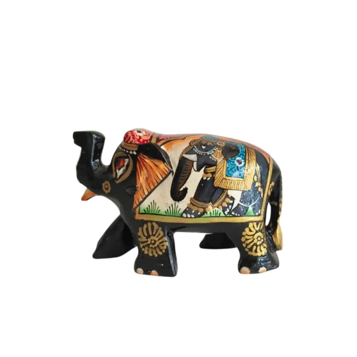 Hand-Painted Black Elephant Figurine with Traditional Indian Art   Wood Decorative