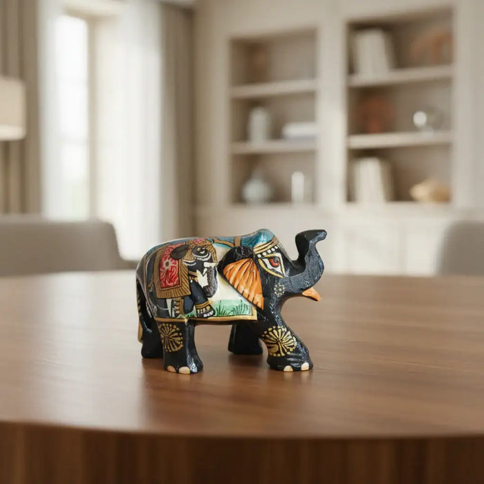 Hand-Painted Black Elephant Figurine with Traditional Indian Art   Wood Decorative
