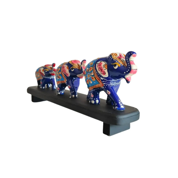 Hand-Painted Blue Elephant Family Figurines on Display   Wood Decorative