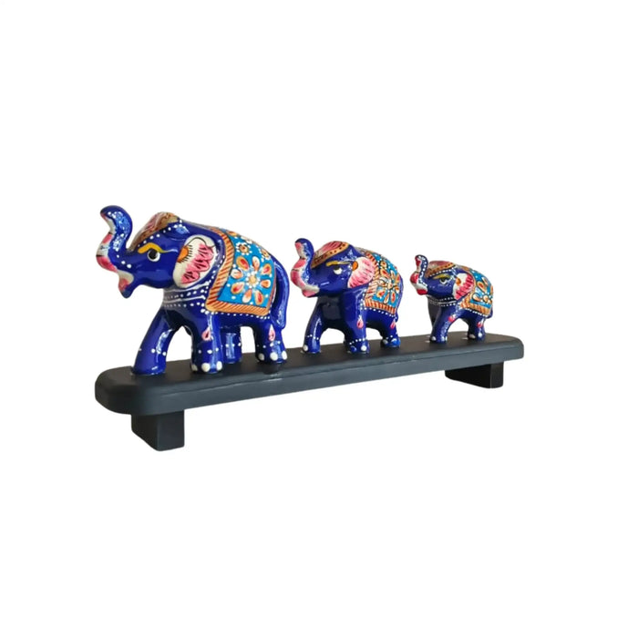 Hand-Painted Blue Elephant Family Figurines on Display   Wood Decorative